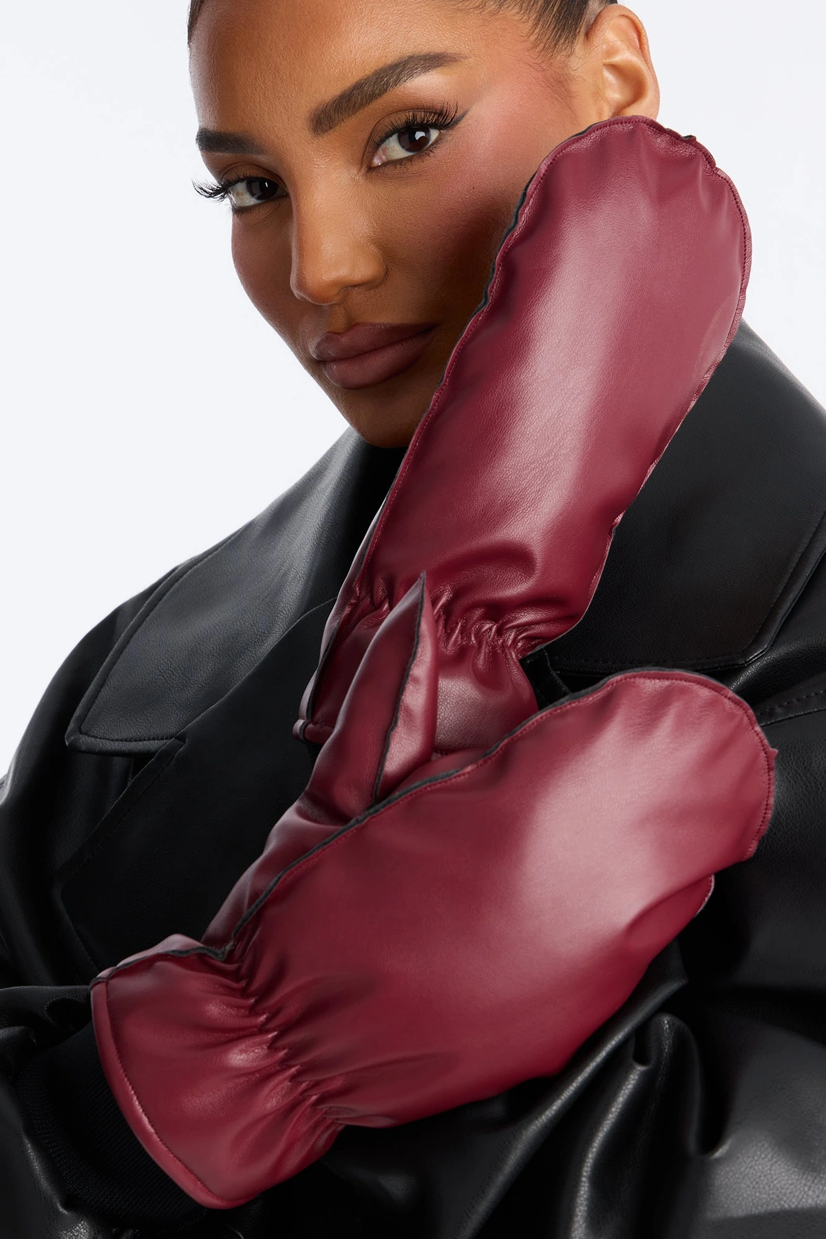 Mitten Kitten Faux Leather Mittens - Burgundy — Bordô