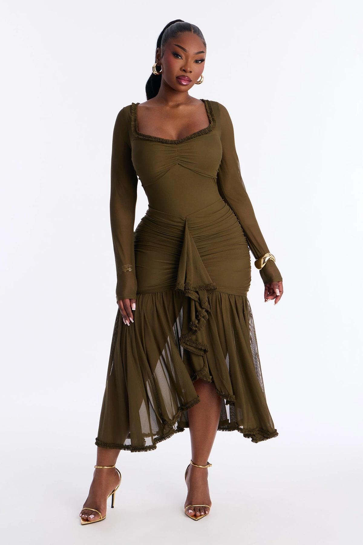 Mallory Ruffle Draped Mesh Midi Dress - Olive — Verde-azeitona