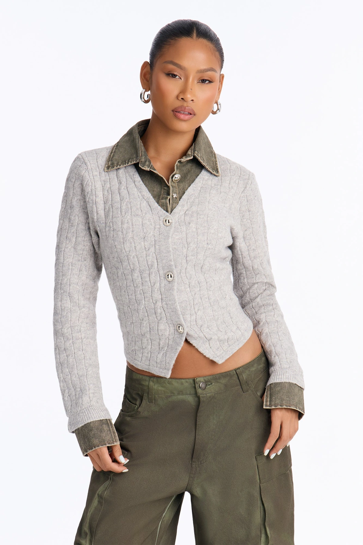 All Too Well Denim Contrast Cable Knit Cardigan - Heather/Combo — mesclado/combinação