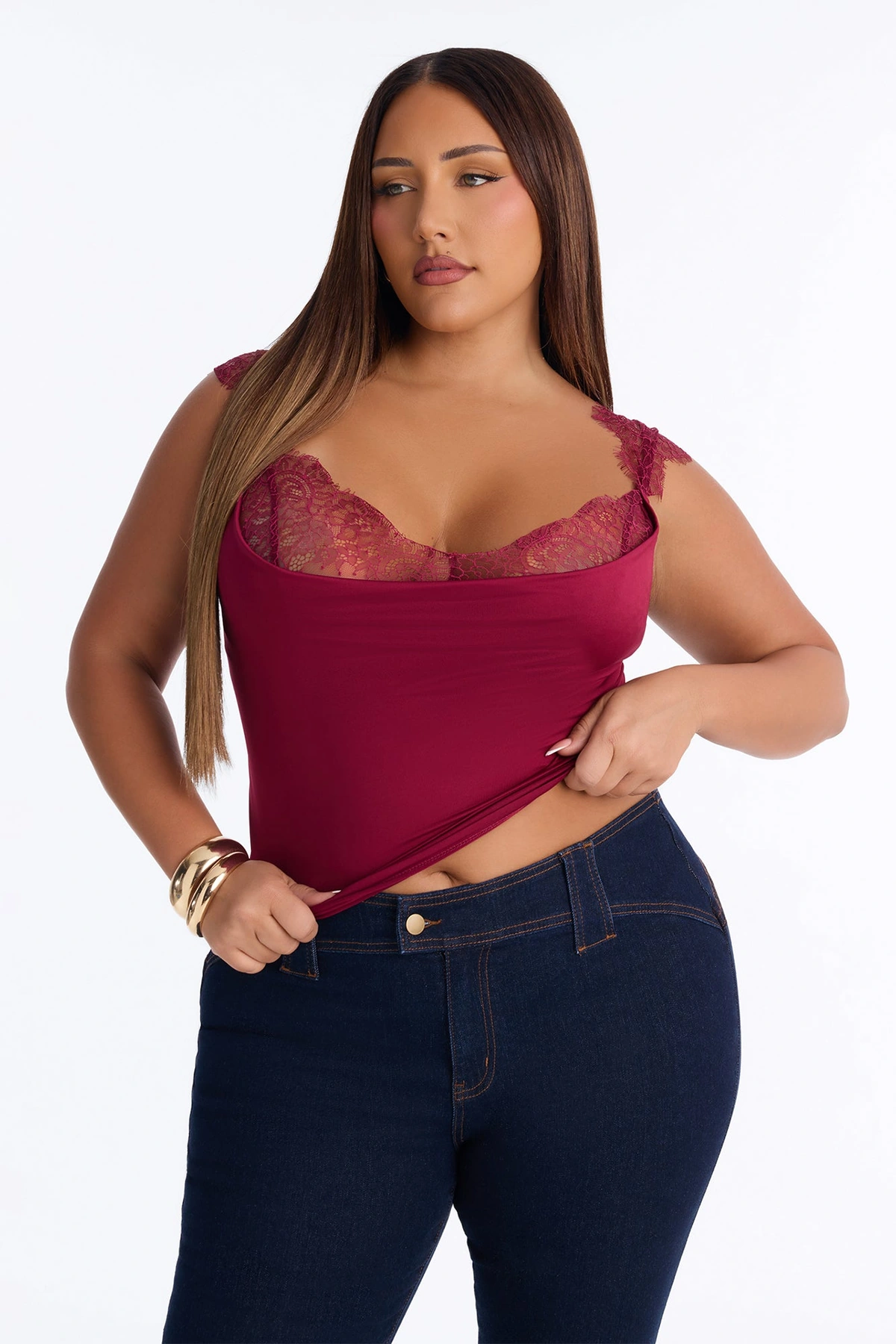 Janet Lace Trim Cowl Tank Top - Burgundy — Bordô
