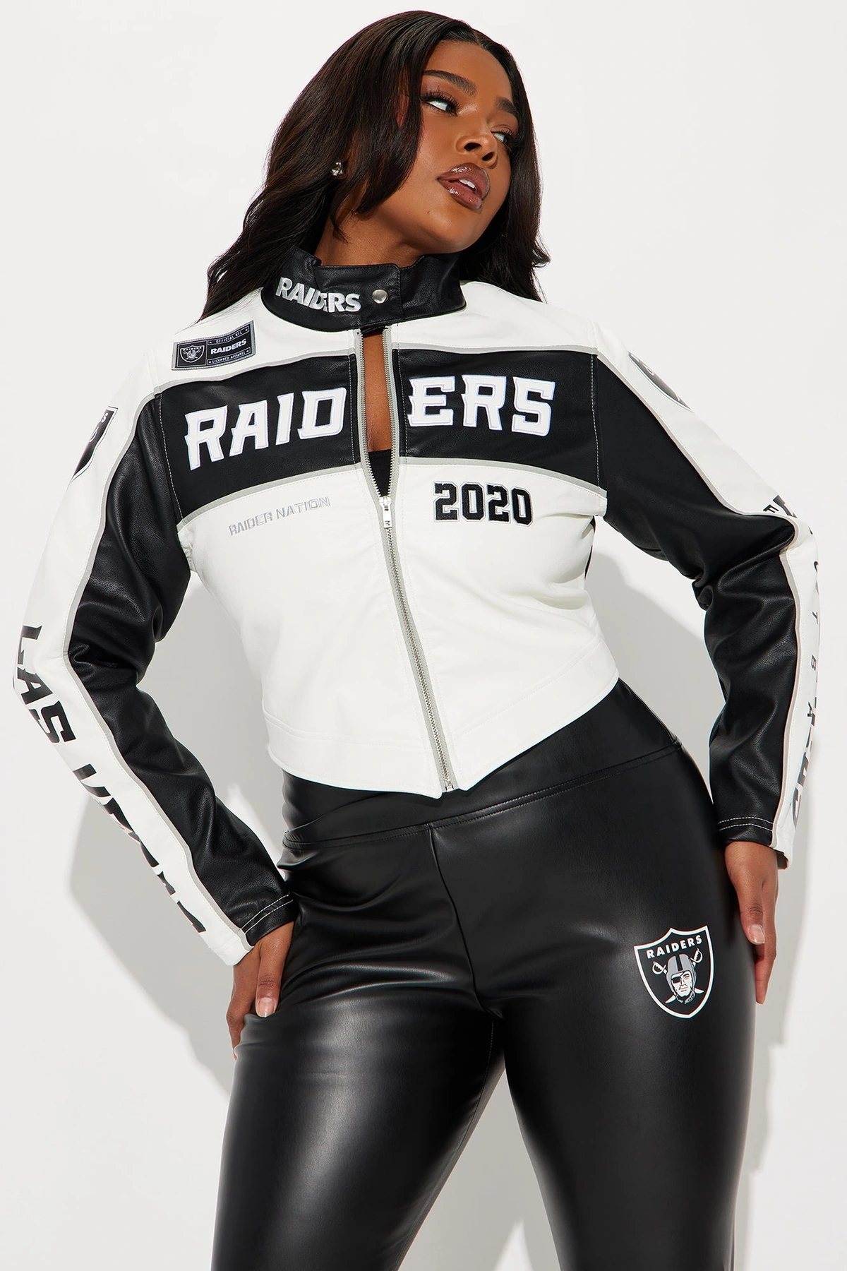 Raiders Defense Faux Leather Jacket - White/Black — Branco/Preto