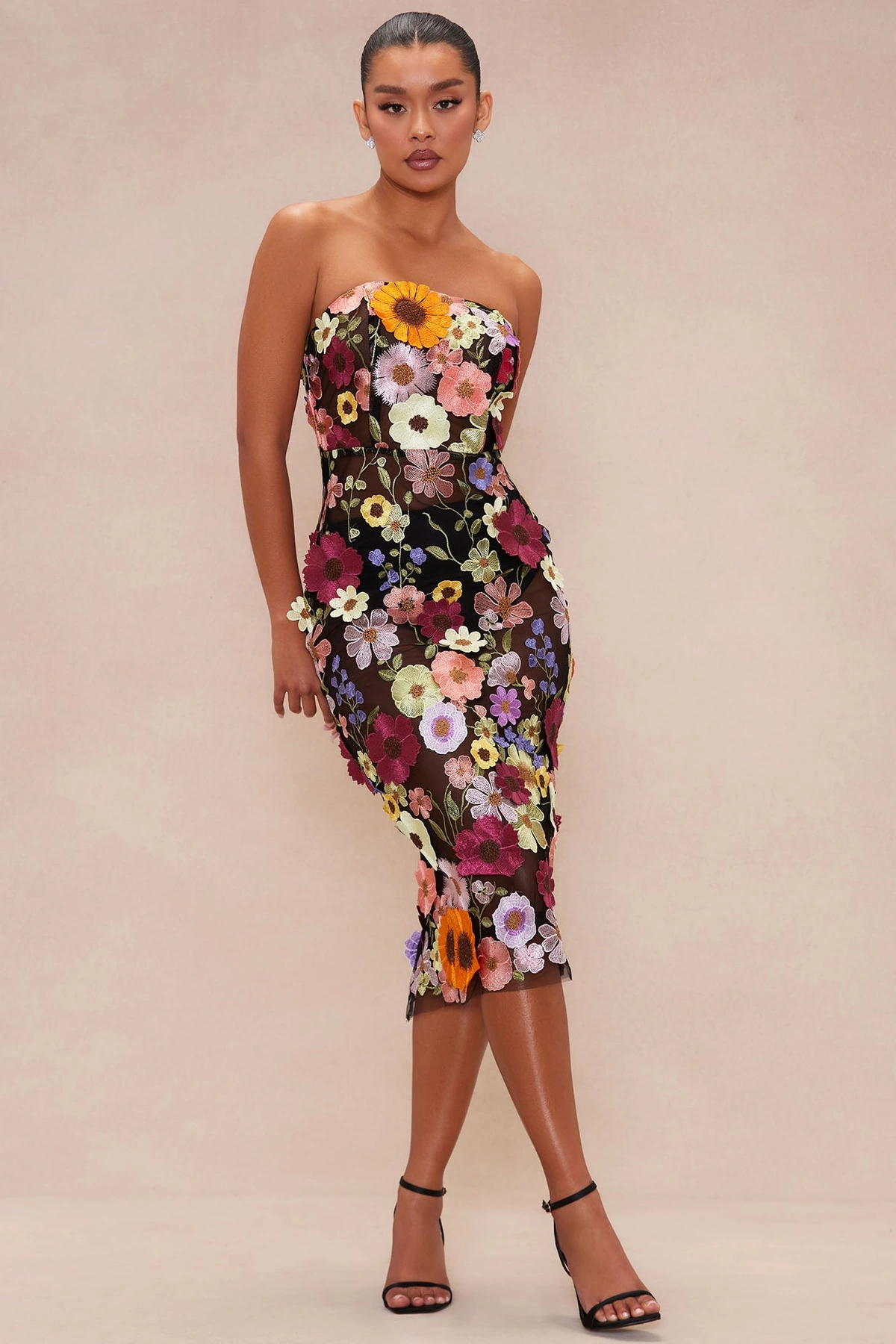 Kelli Floral Embroidered Midi Dress - Black/combo — Preto/combinação