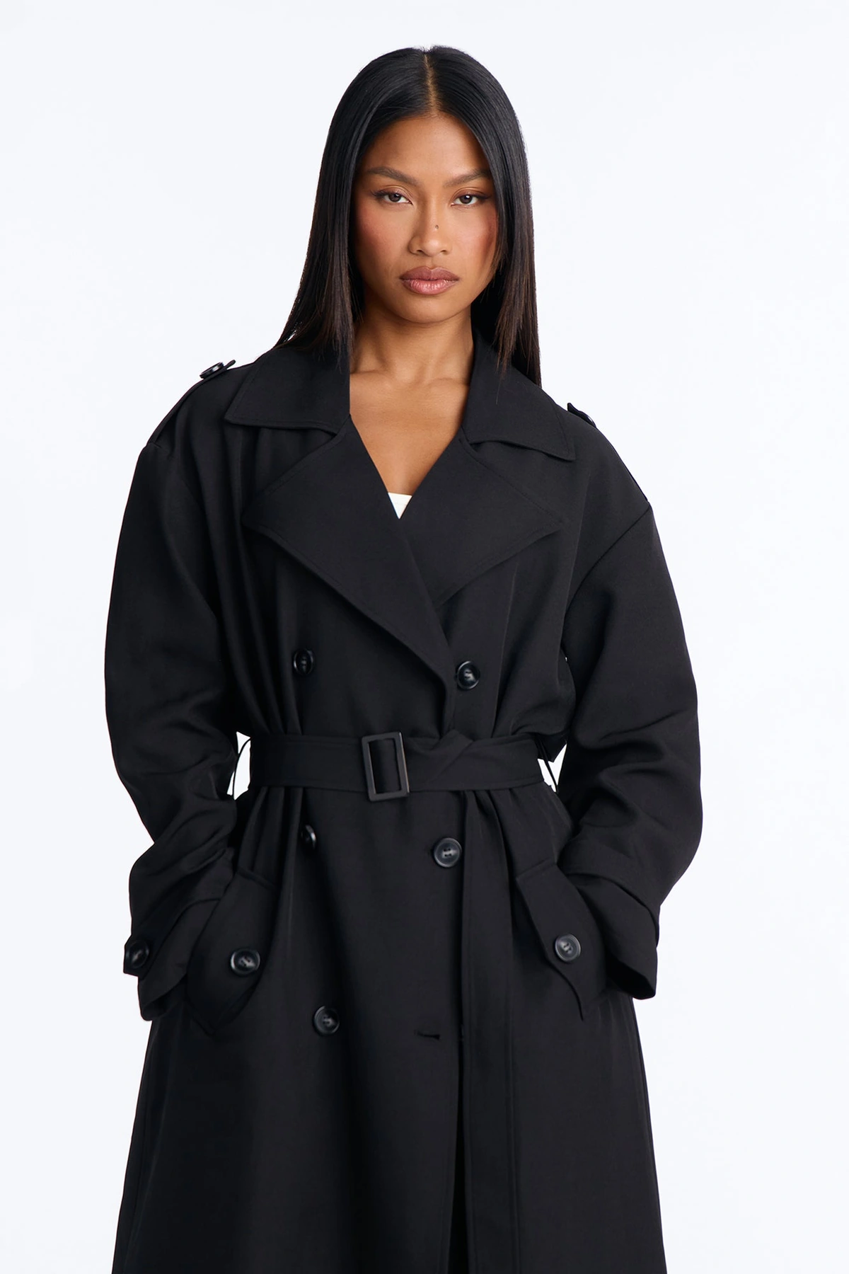 Elorea Belted Solid Trench Coat - Black — Preto