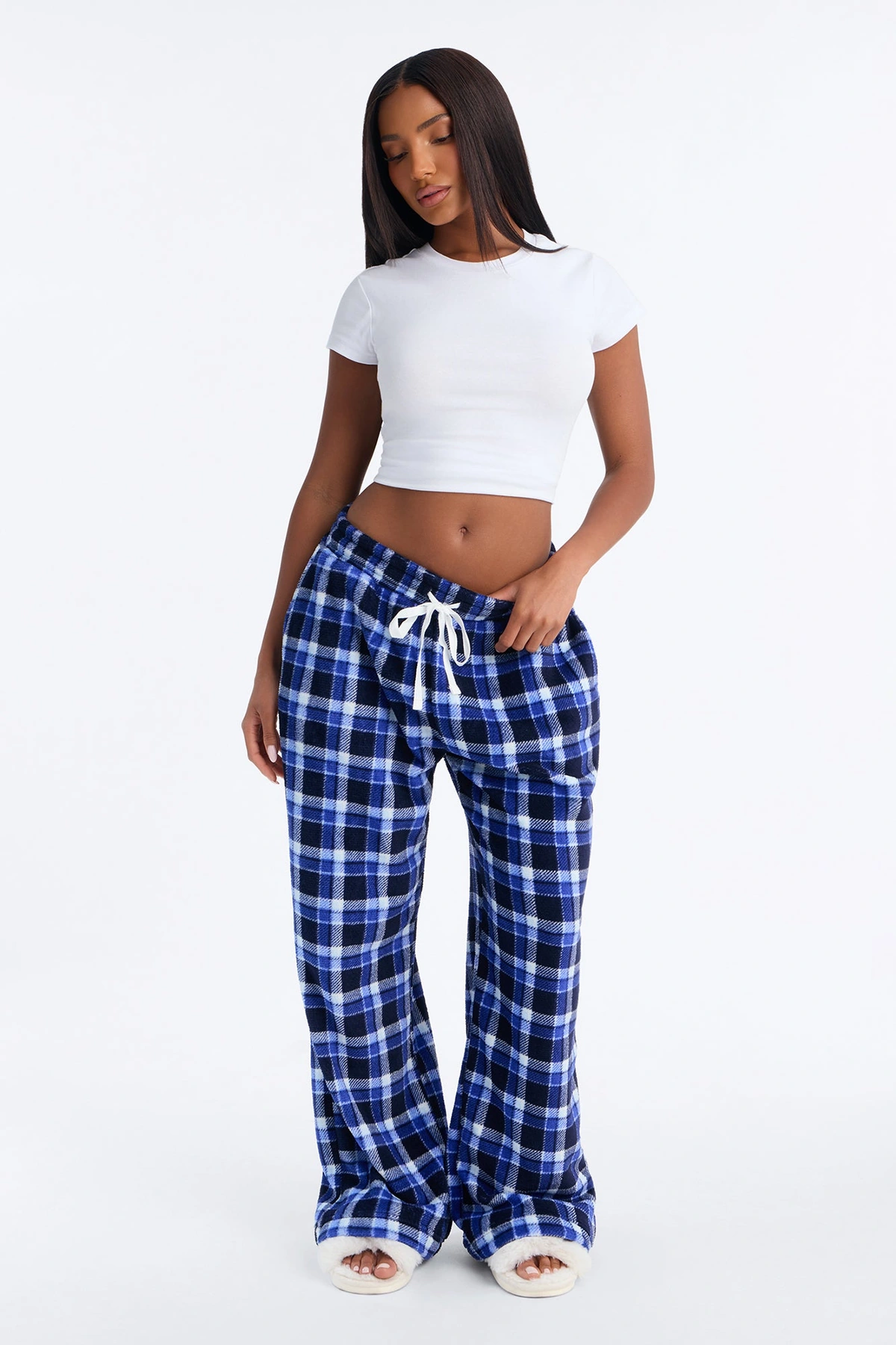 Chill Night Plaid Wide Leg Plush PJ Pant - Blue — Azul