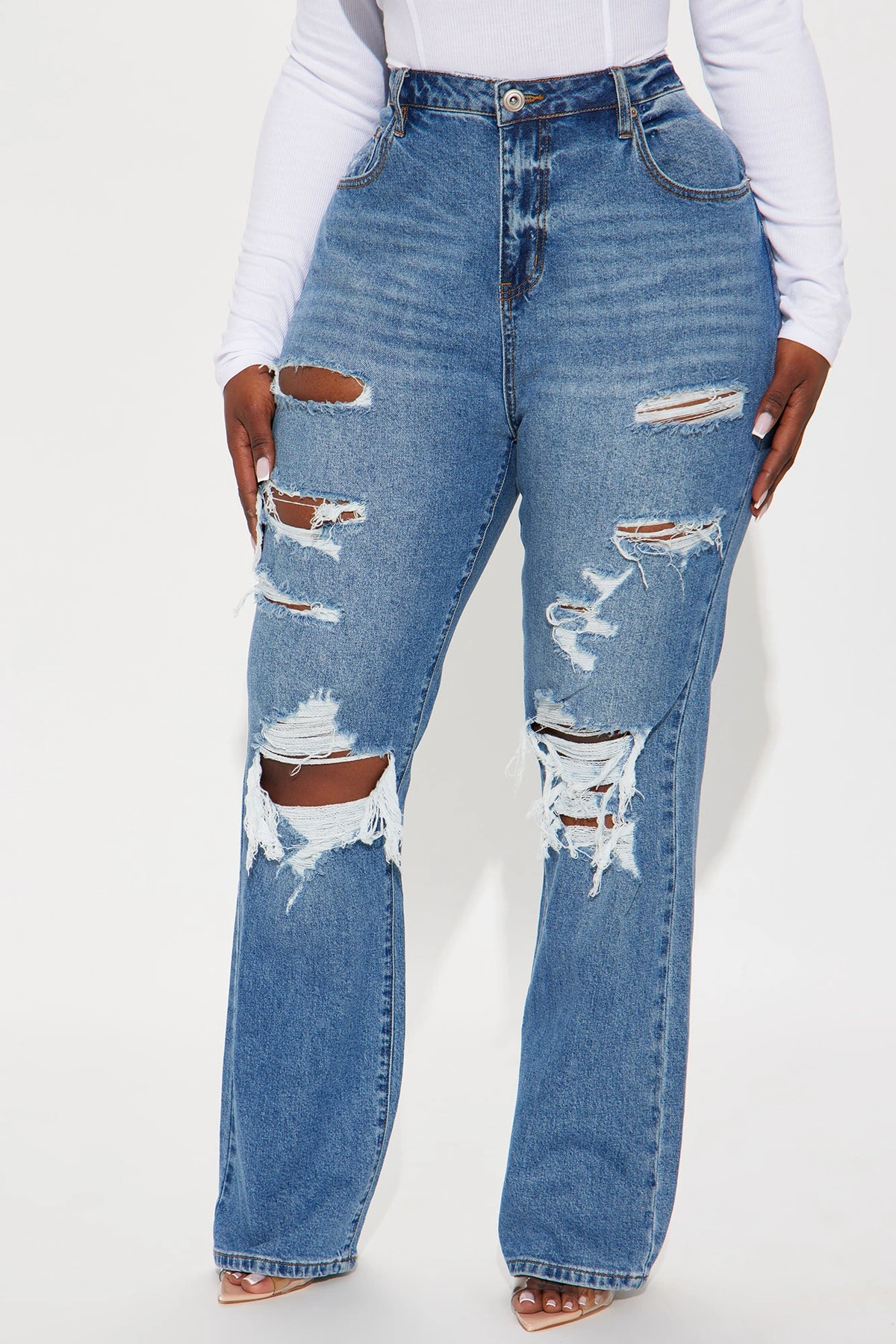 Posted Stretch Ripped Straight Leg Jeans - Medium Wash — Ganga de lavagem média