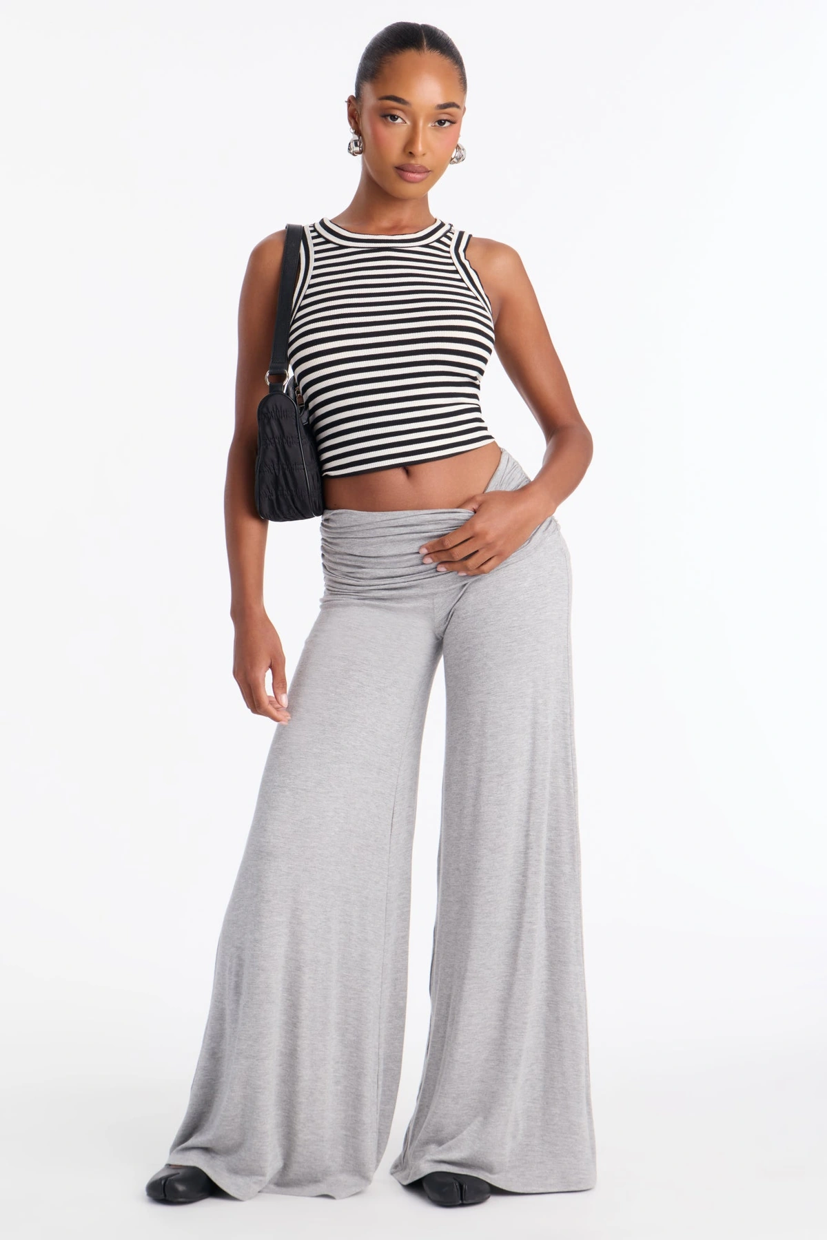 Raquelle Ruched Wide Leg Pant - Heather Grey — Cinzento mesclado