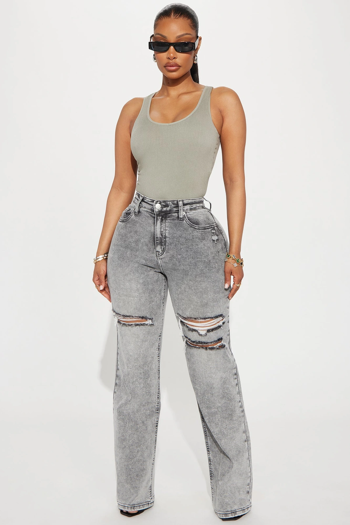Remi Ripped Stretch Baggy Jeans - Grey — Cinzento