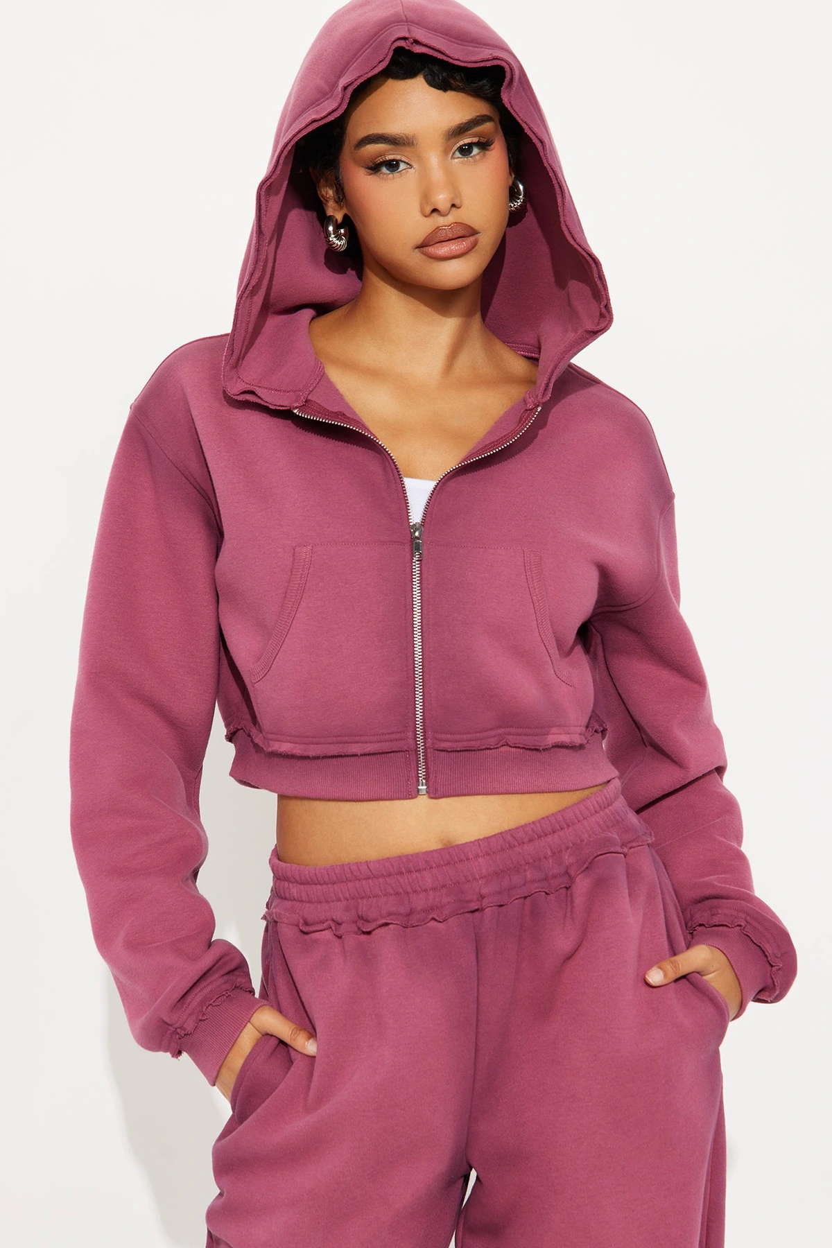 Wynona Washed Fleece Pant Set - Burgundy — Bordô