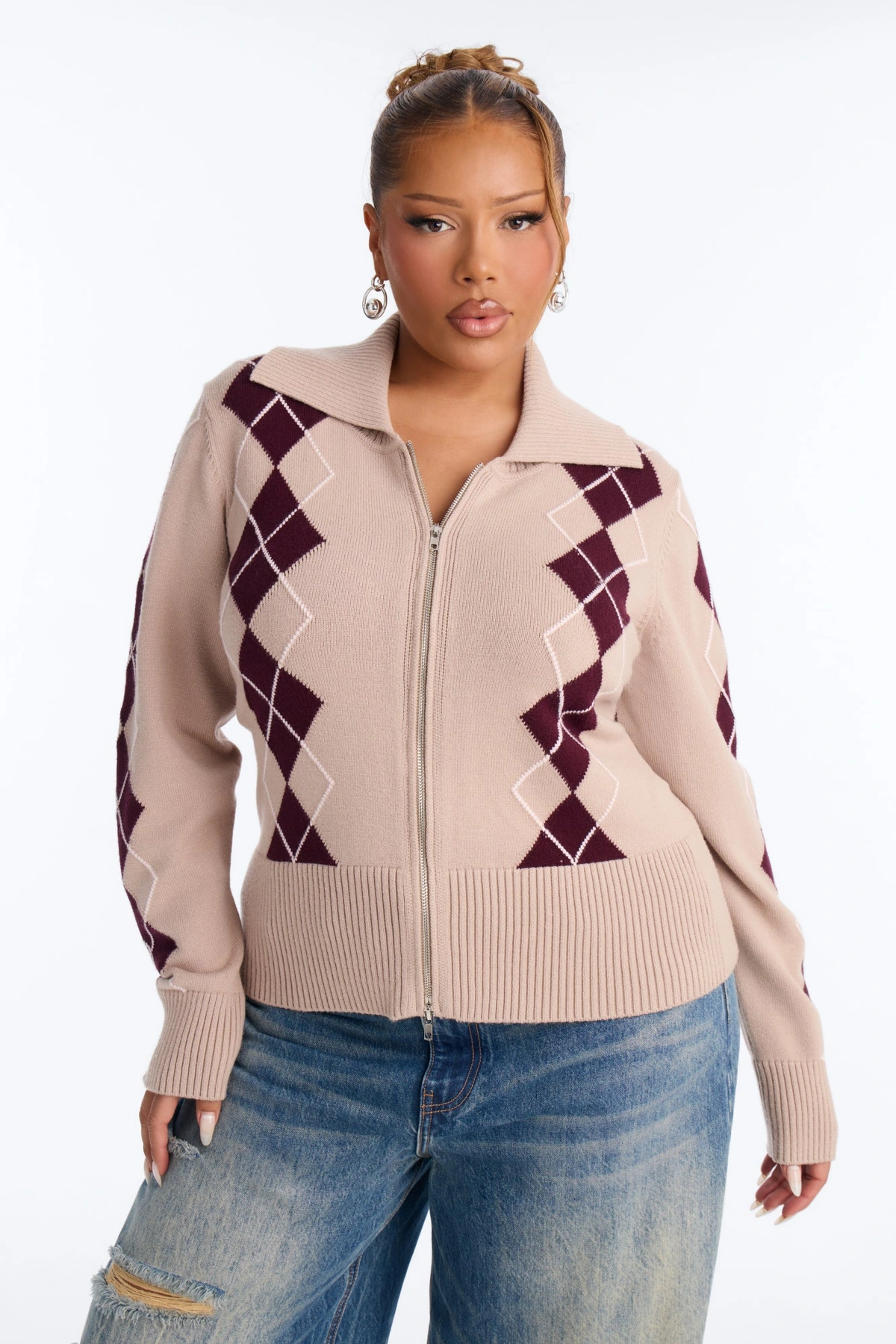 Status Update Front Zip Argyle Cardigan - Oatmeal/combo — Aveia/combinação