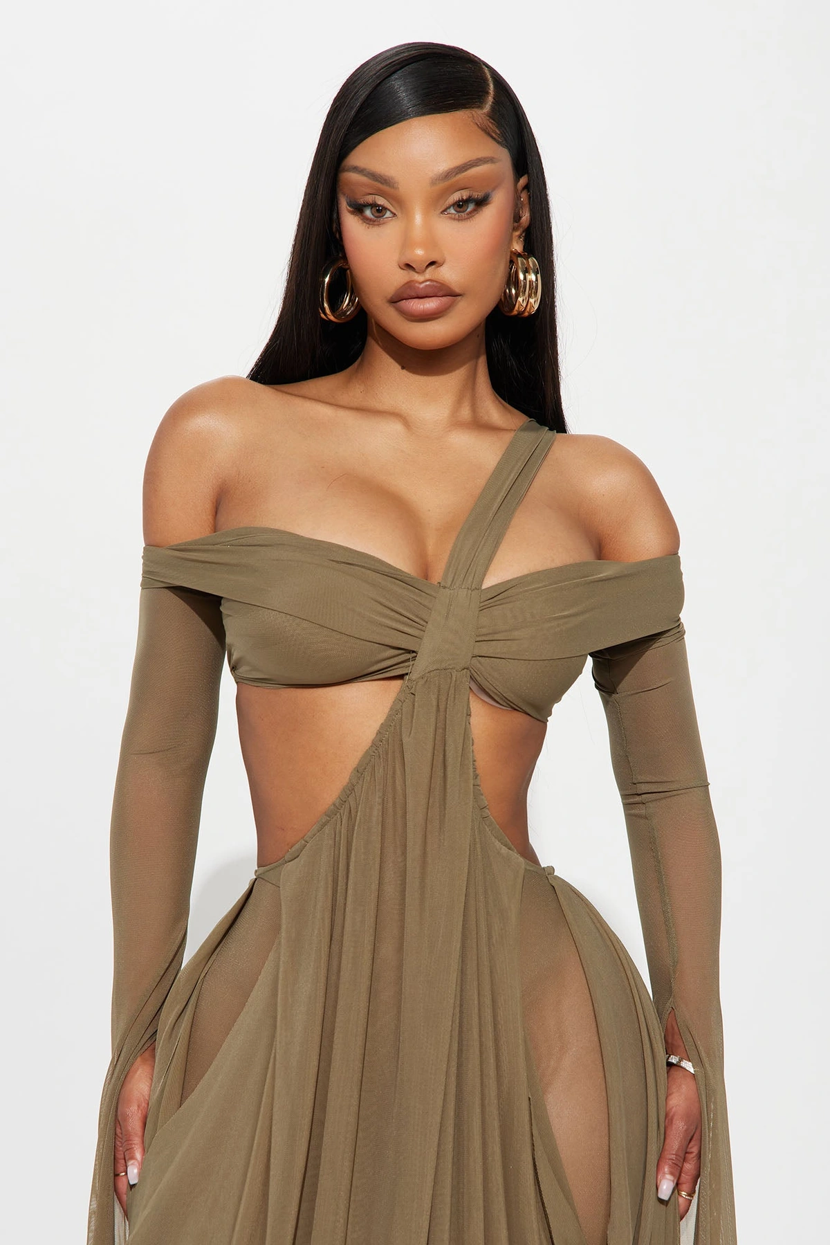Alora Mesh Maxi Dress - Olive — Verde-azeitona