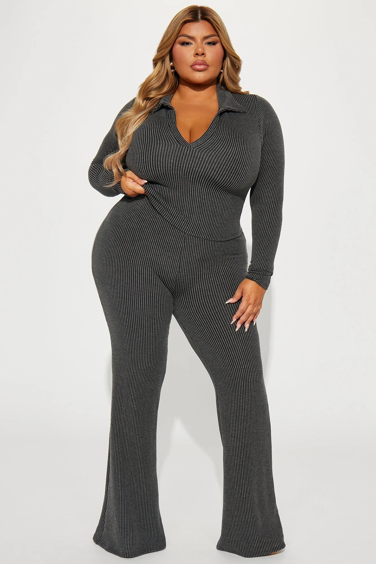 Josie Ribbed Long Sleeve Set - Charcoal — Cinzento-escuro