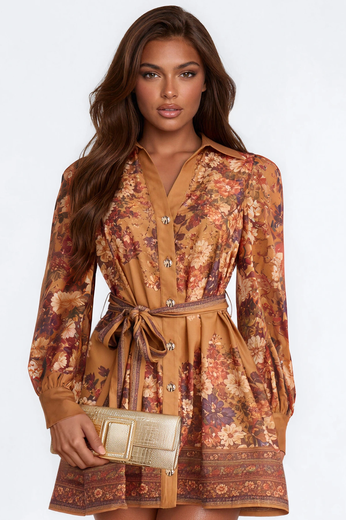 Autumn Floral Button Up Mini Dress - Copper — Copper