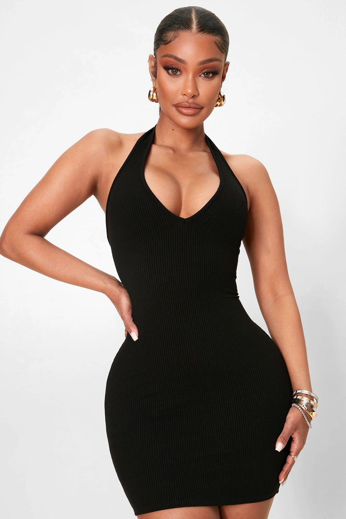 Celeste Snatched Halter Mini Dress - Black — Preto