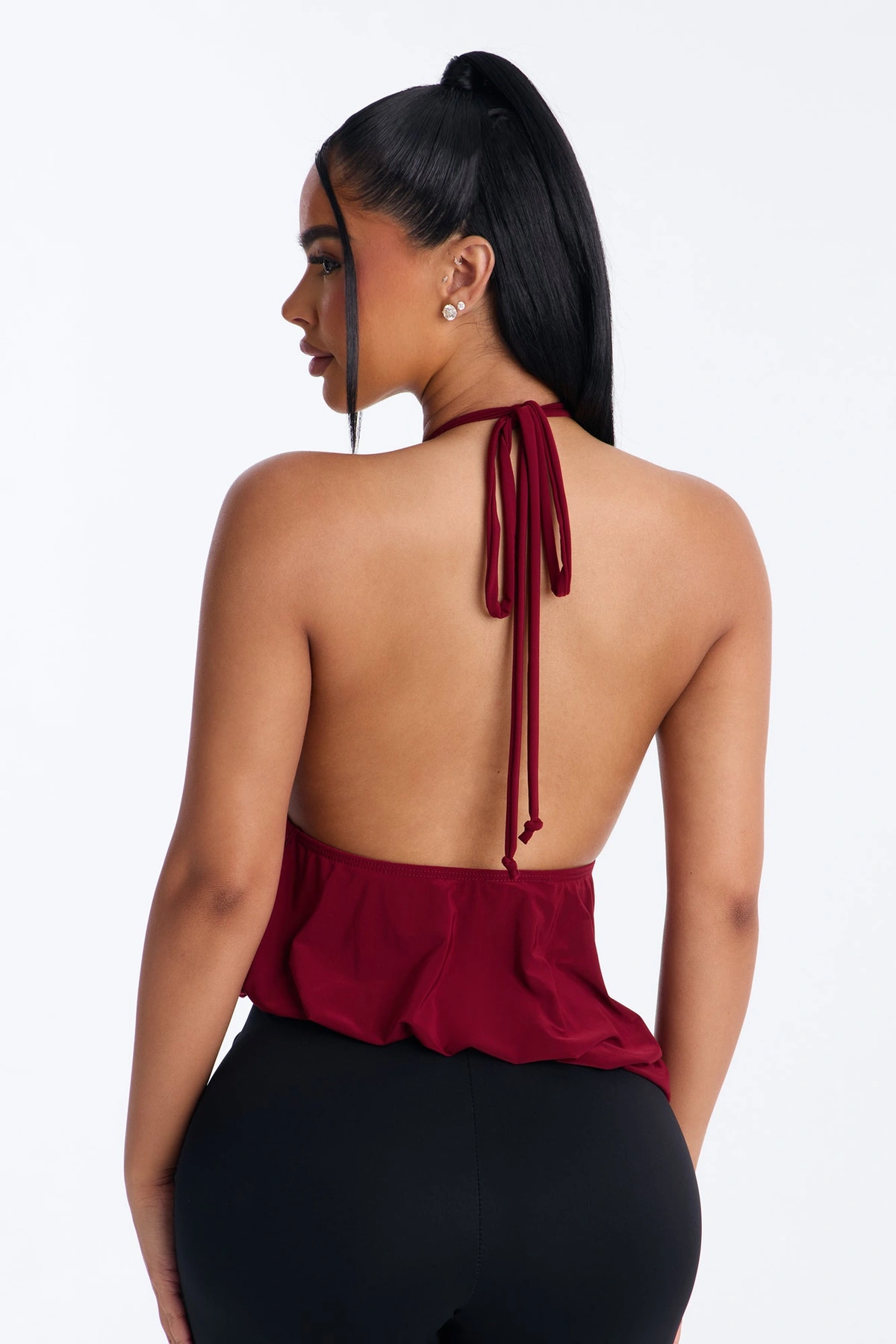 Selena Ruched Asymmetrical Halter Top - Wine — Vinho