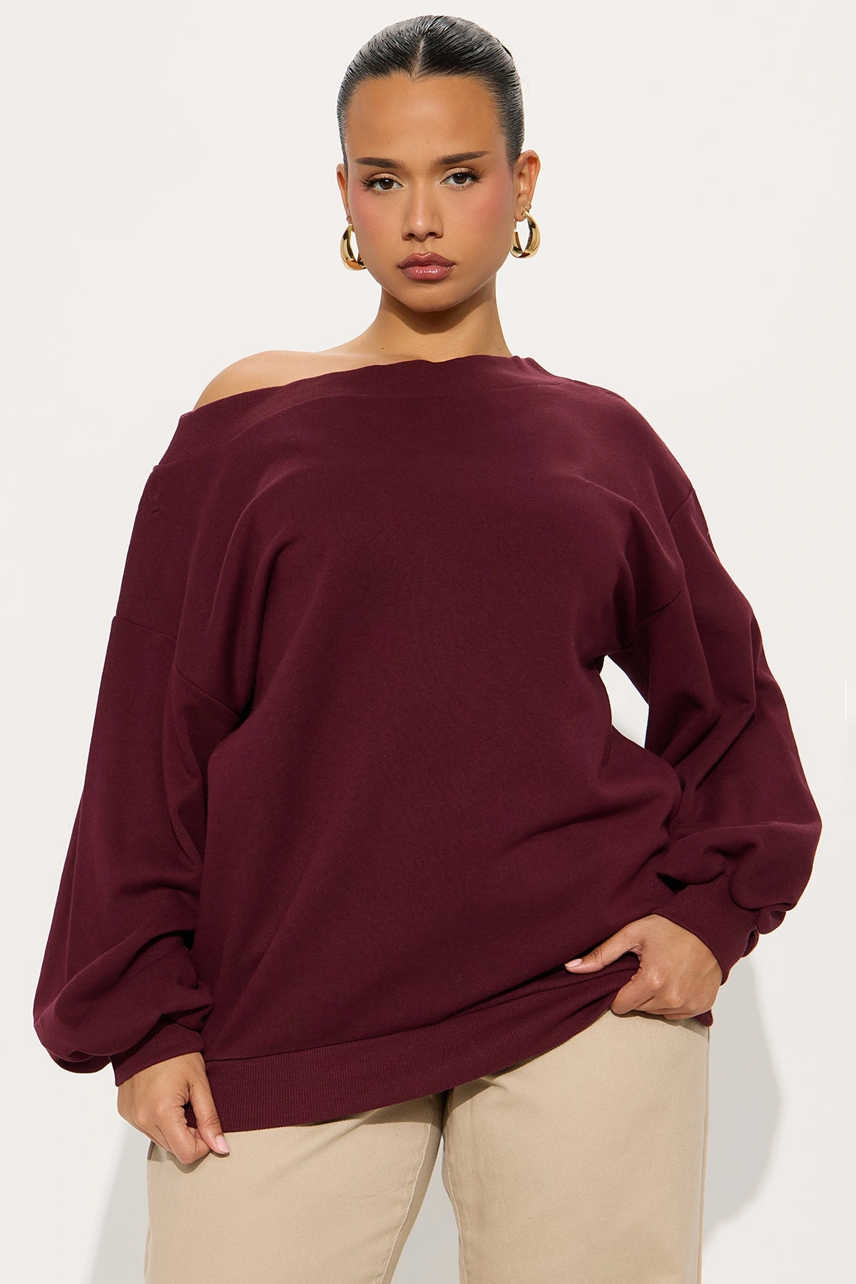 Vera Off Shoulder Oversized Sweatshirt - Burgundy — Bordô