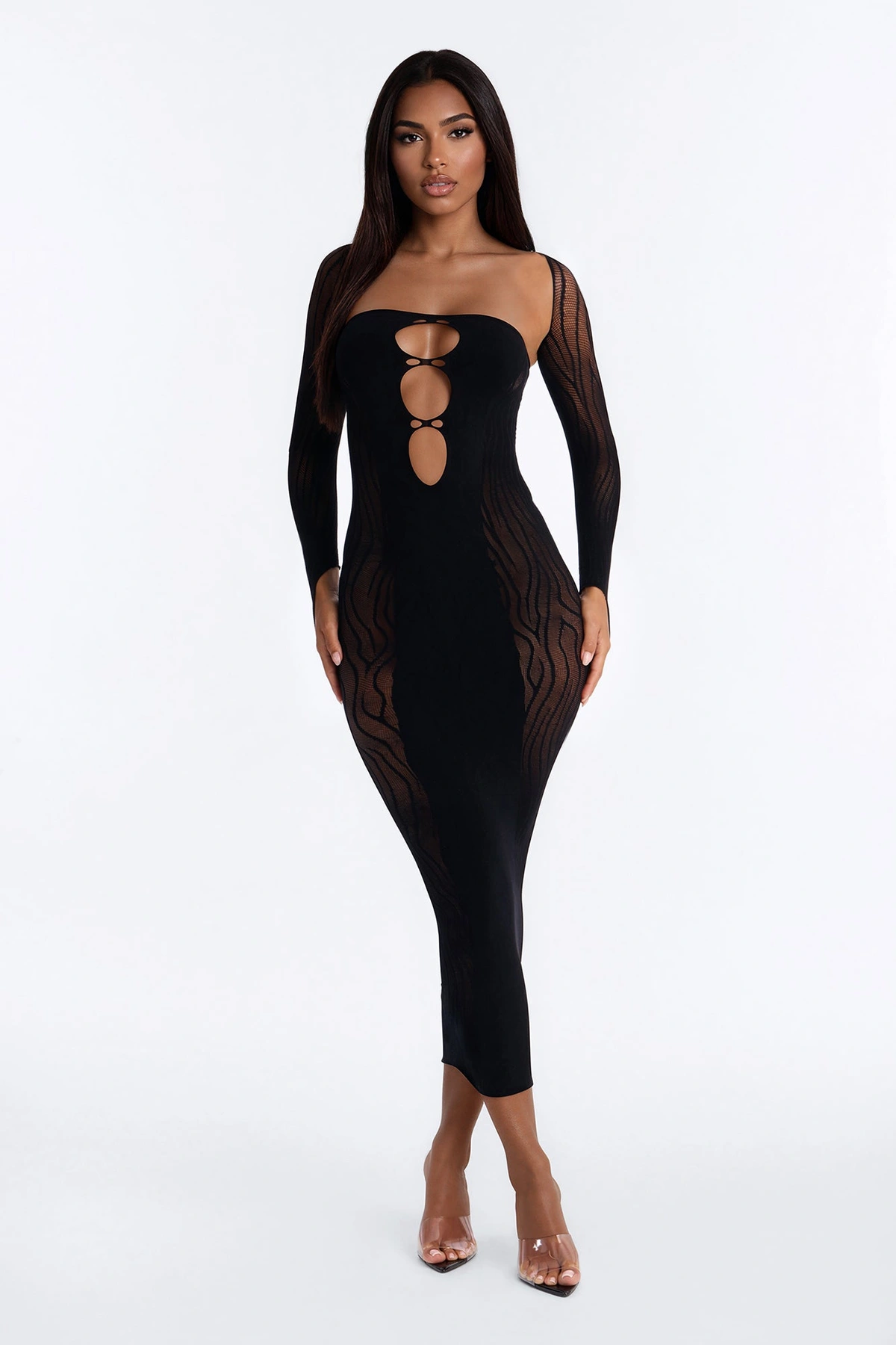 Whispering Sheer Midi Bodystocking Dress - Black — Preto