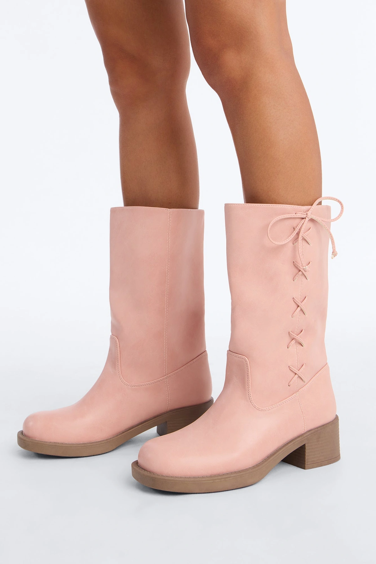 Springy Lace Up Bow Boots - Pink — Rosa
