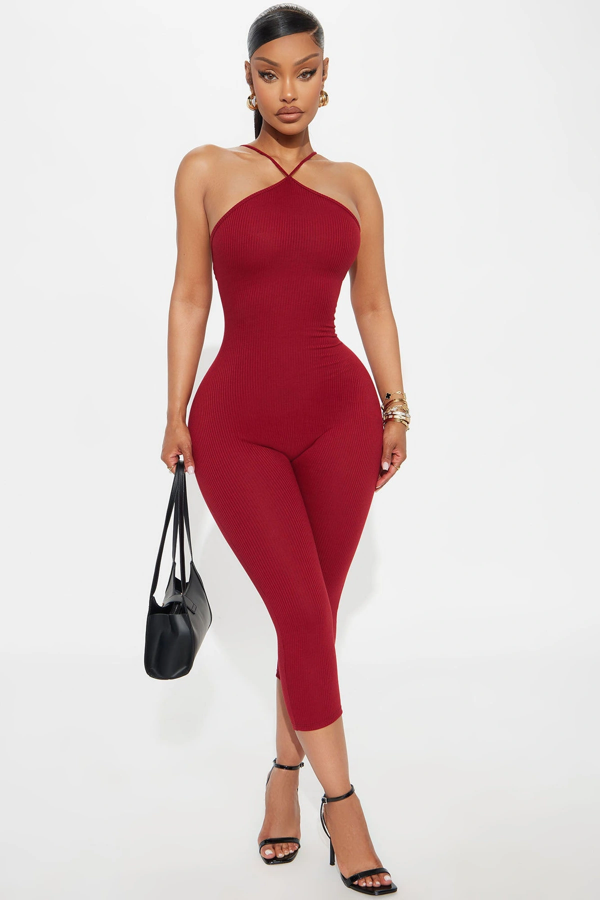 On Your Mind Heavy Ribbed Capri Jumpsuit - Burgundy — Bordô