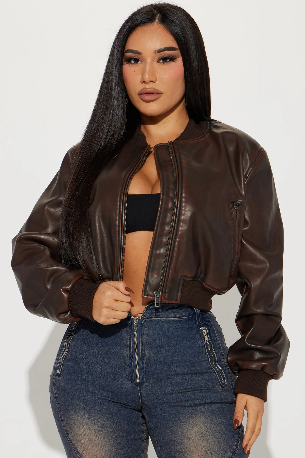 Zoe Washed Faux Leather Bomber Jacket - Brown — Castanho