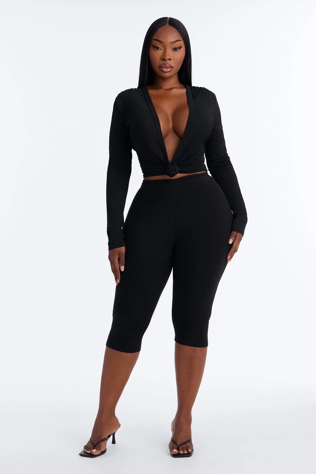 Selena Textured Knot Long Sleeve Top - Black — Preto