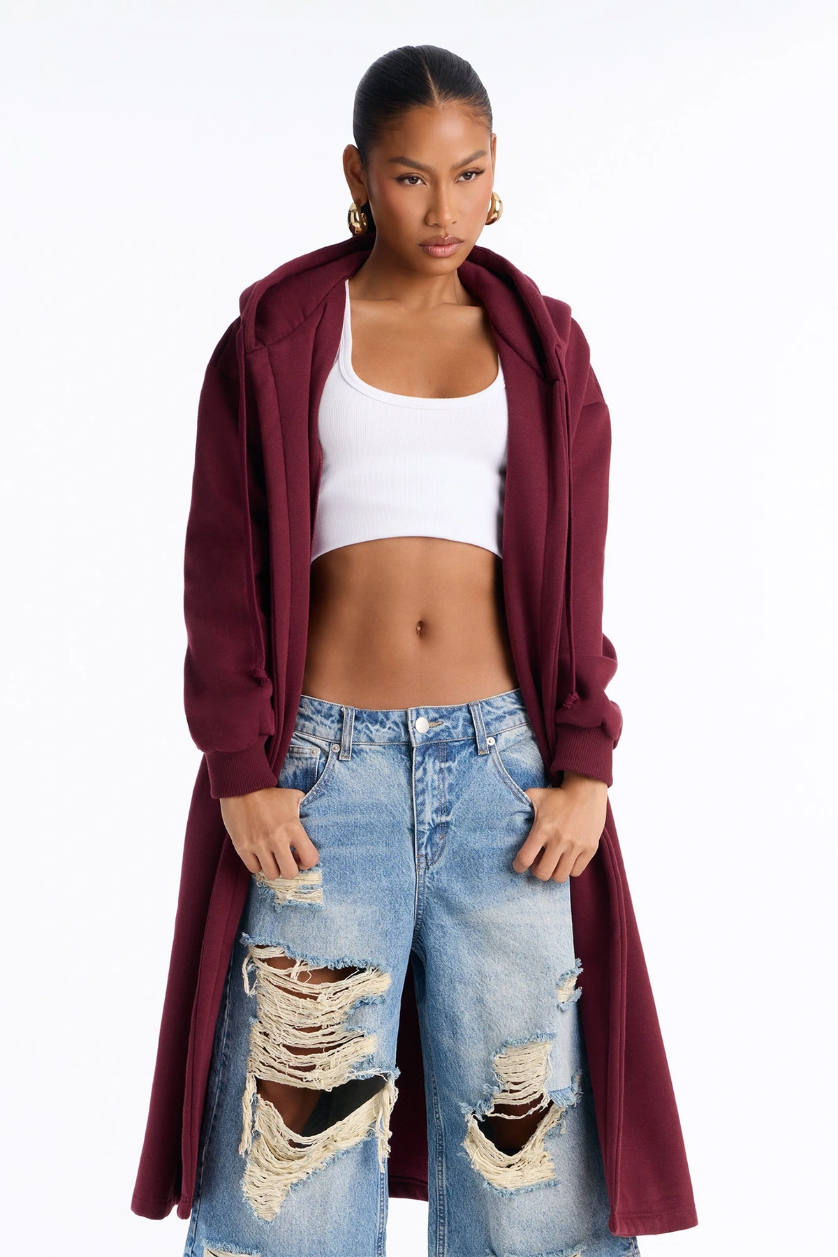 Jolie Cozy Fleece Trench - Burgundy — Bordô