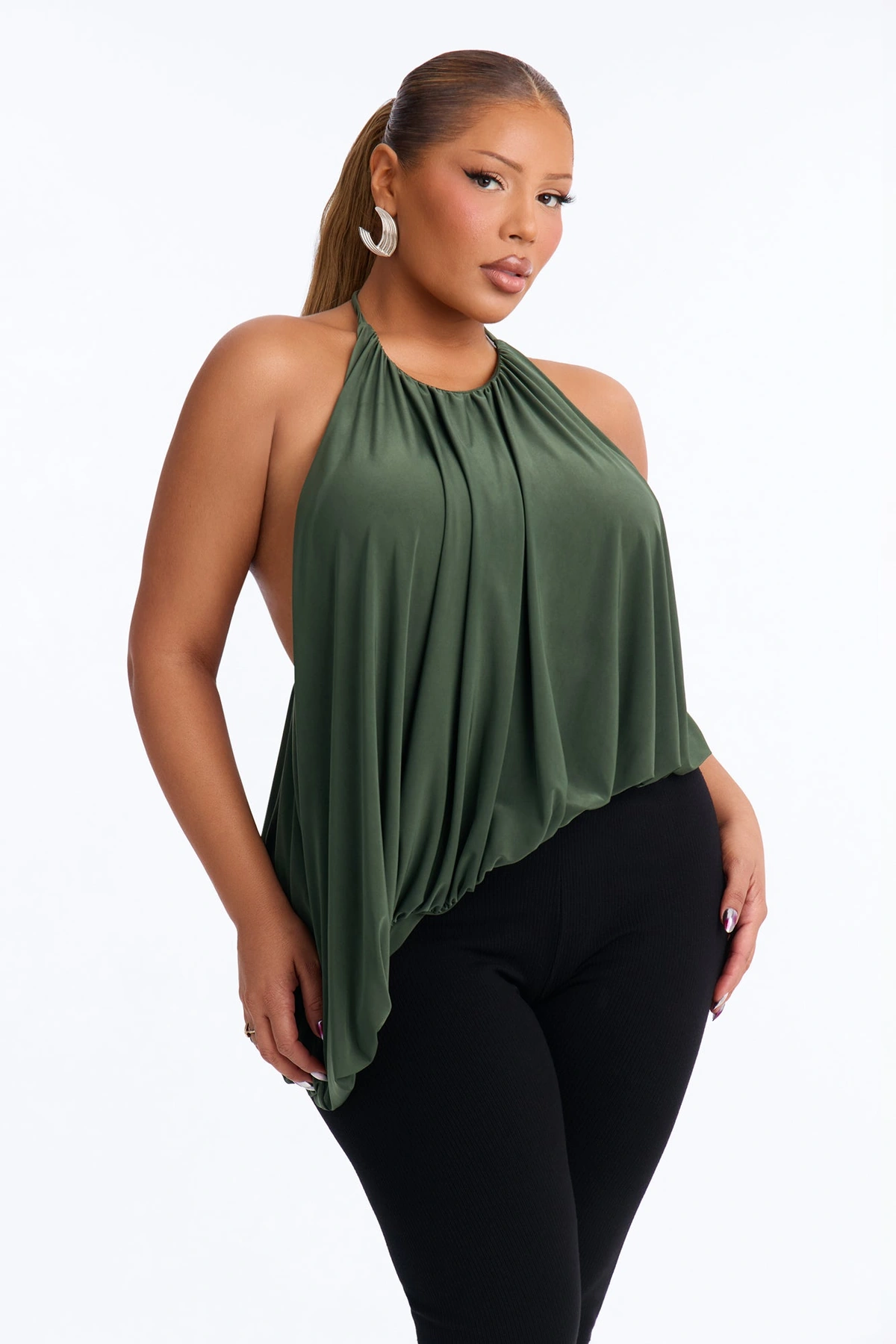 Selena Ruched Asymmetrical Halter Top - Olive — Verde-azeitona