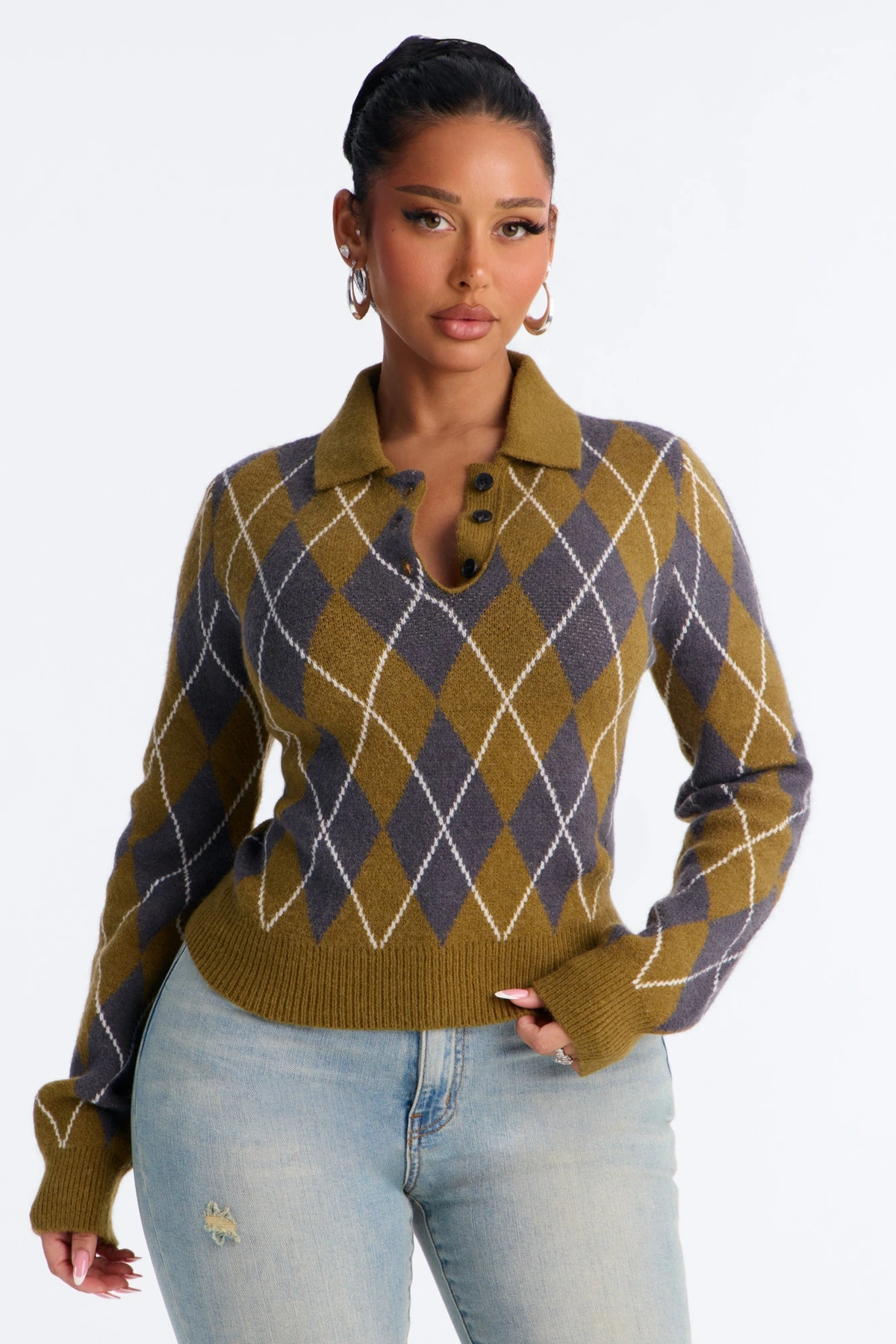 Steady Flow Argyle Polo Sweater - Olive/combo — Verde-azeitona/combinação