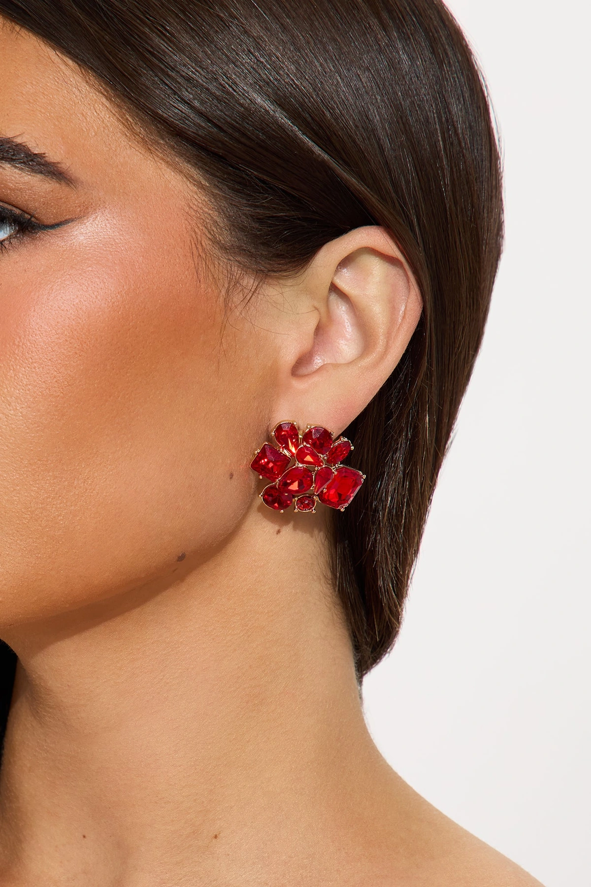 Rhinestone Cluster Stud Earrings - Gold/Red — Dourado/Vermelho