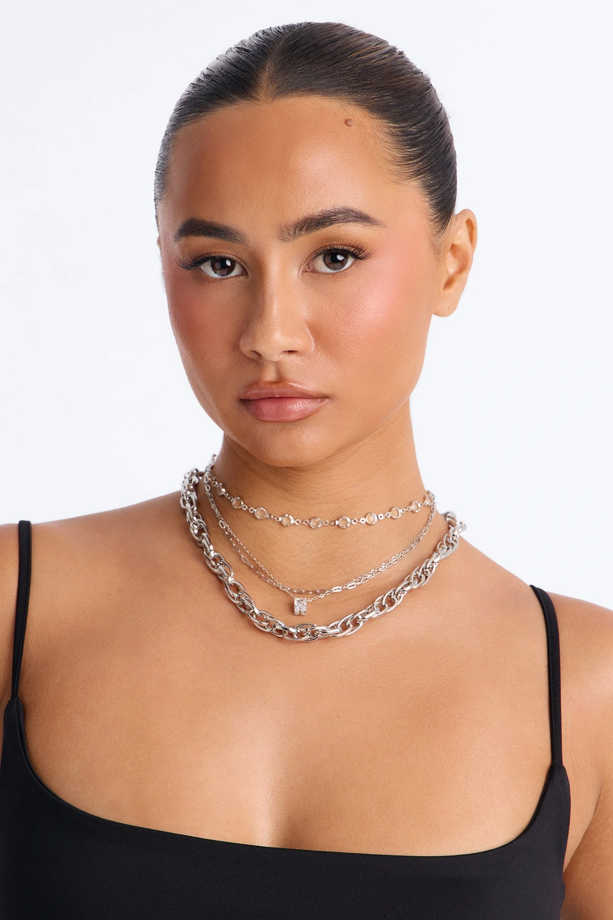 Heads Up Rhinestones Layered Necklace - Silver — Prateado