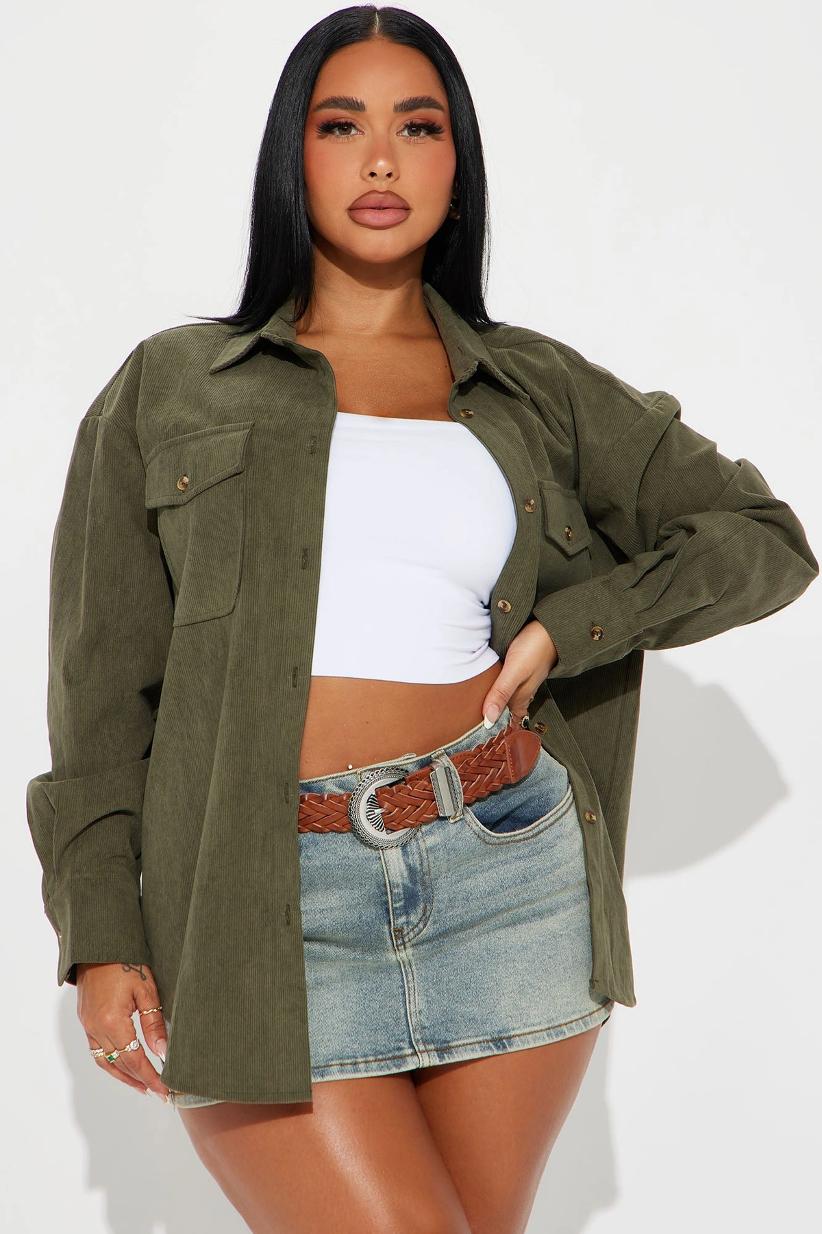 Fall Feeling Corduroy Shirt - Olive — Verde-azeitona