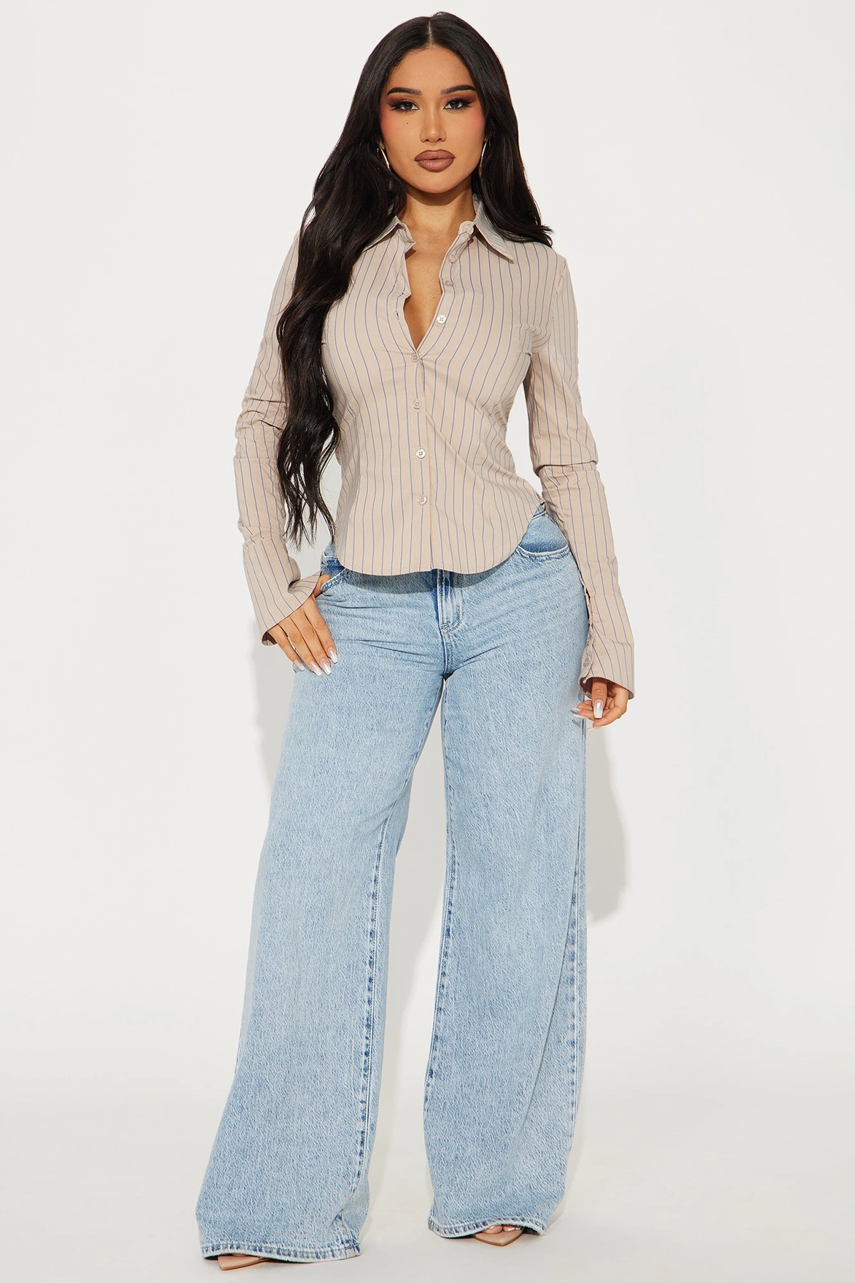 No Time To Chat Striped Poplin Shirt - Taupe/combo — Bege acinzentado/combinação