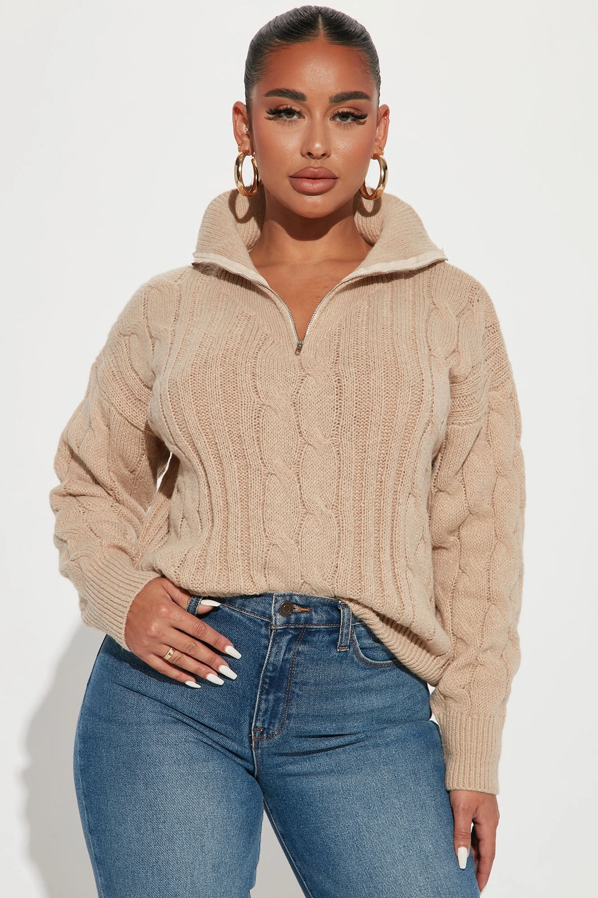 For The Record Quarter Zip Sweater - Taupe — Bege acinzentado
