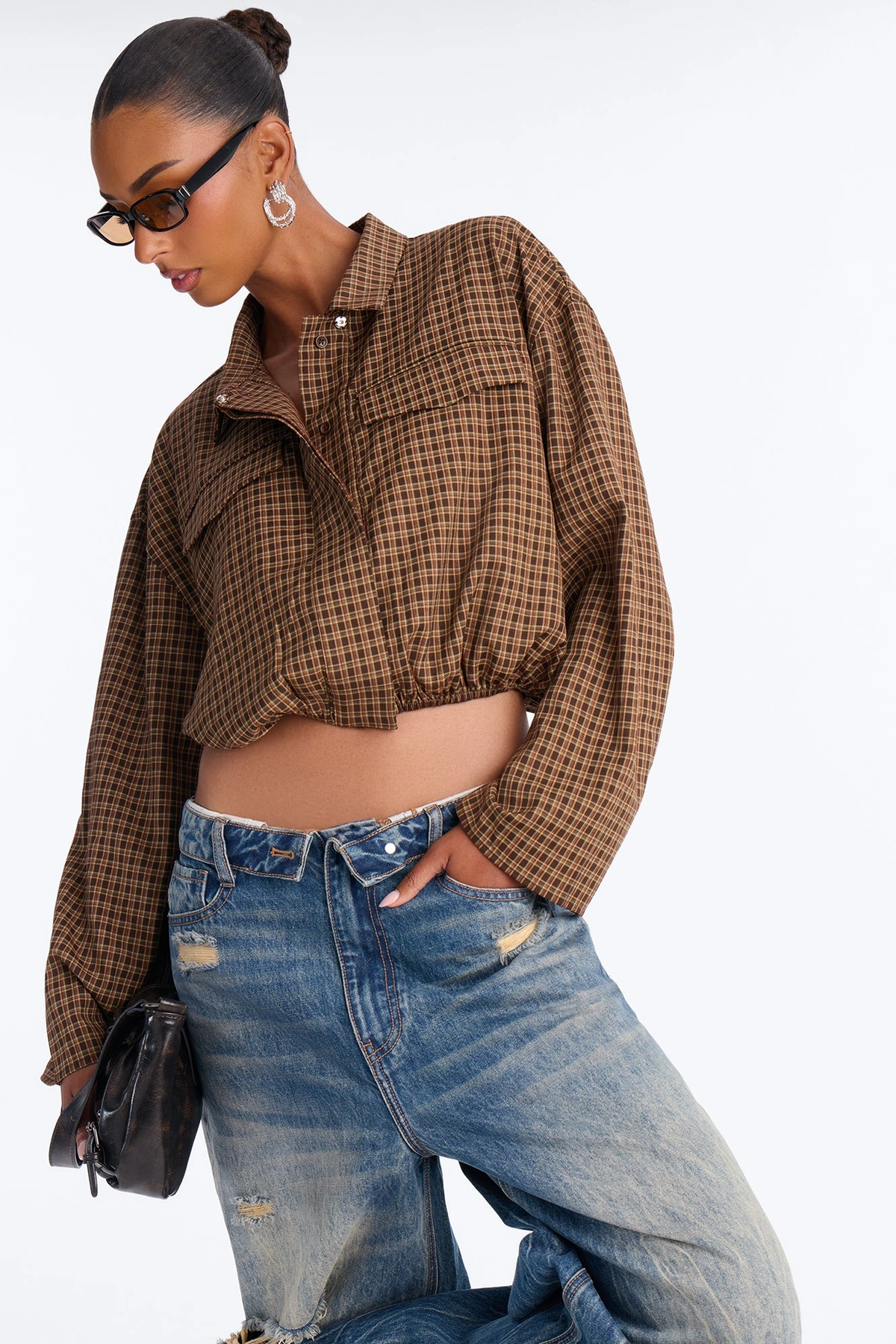 Autumn Skies Plaid Button Up Blouse - Brown/combo — Castanho/combinação