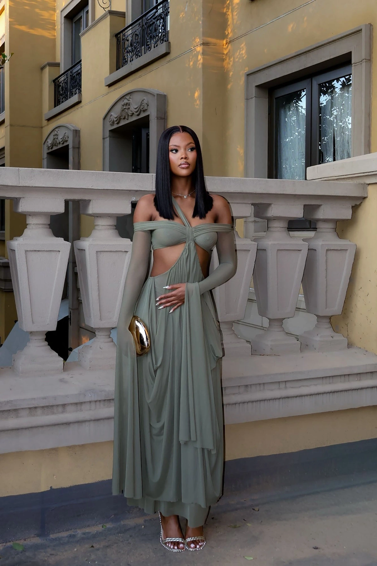 Alora Mesh Maxi Dress - Olive — Verde-azeitona