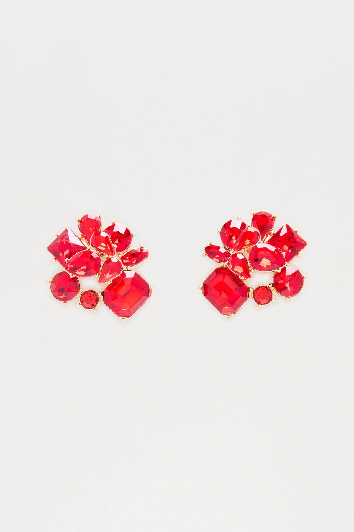 Rhinestone Cluster Stud Earrings - Gold/Red — Dourado/Vermelho