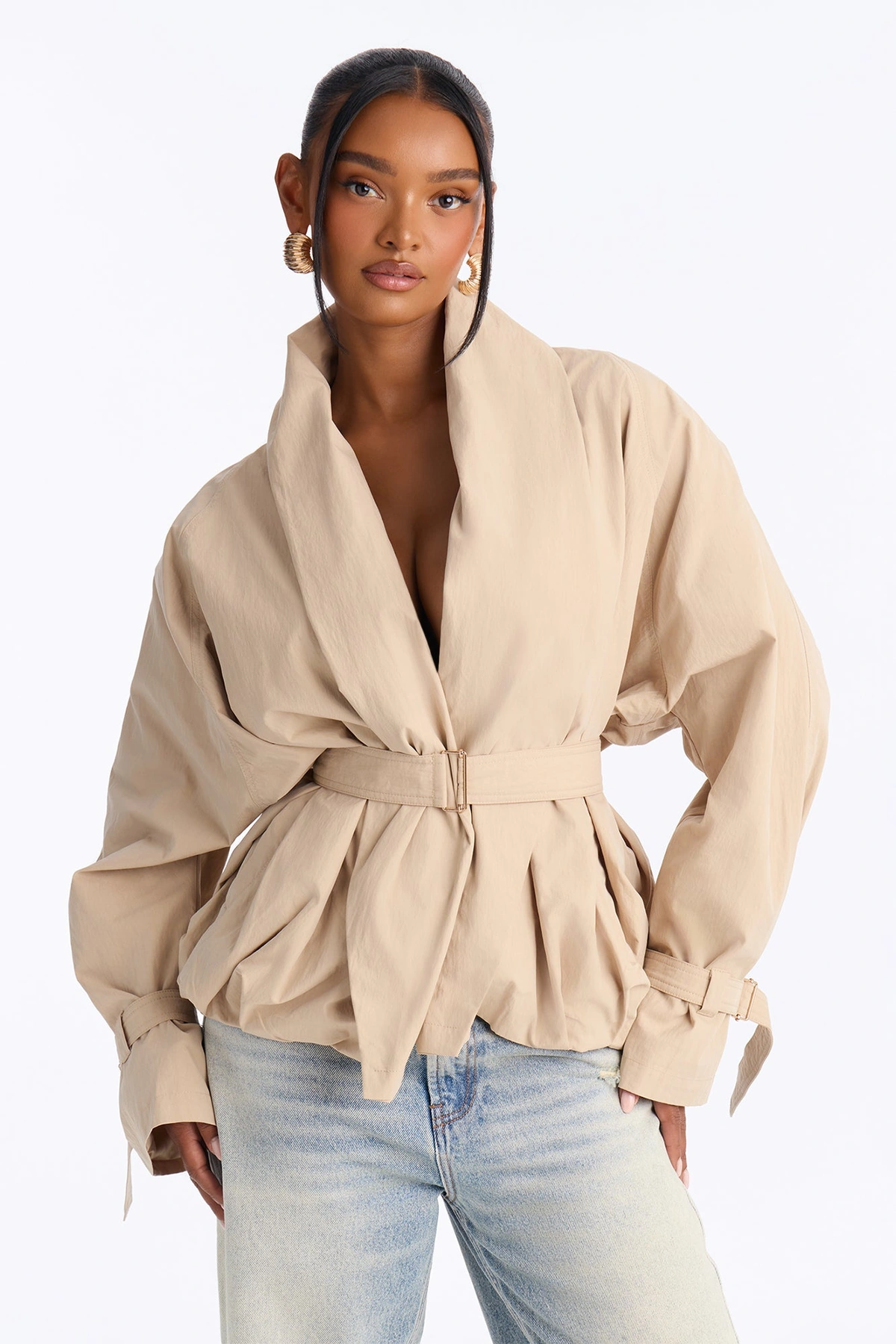 Caitlyn Gathered Belted Shawl Collar Twill Coat - Khaki — Caqui