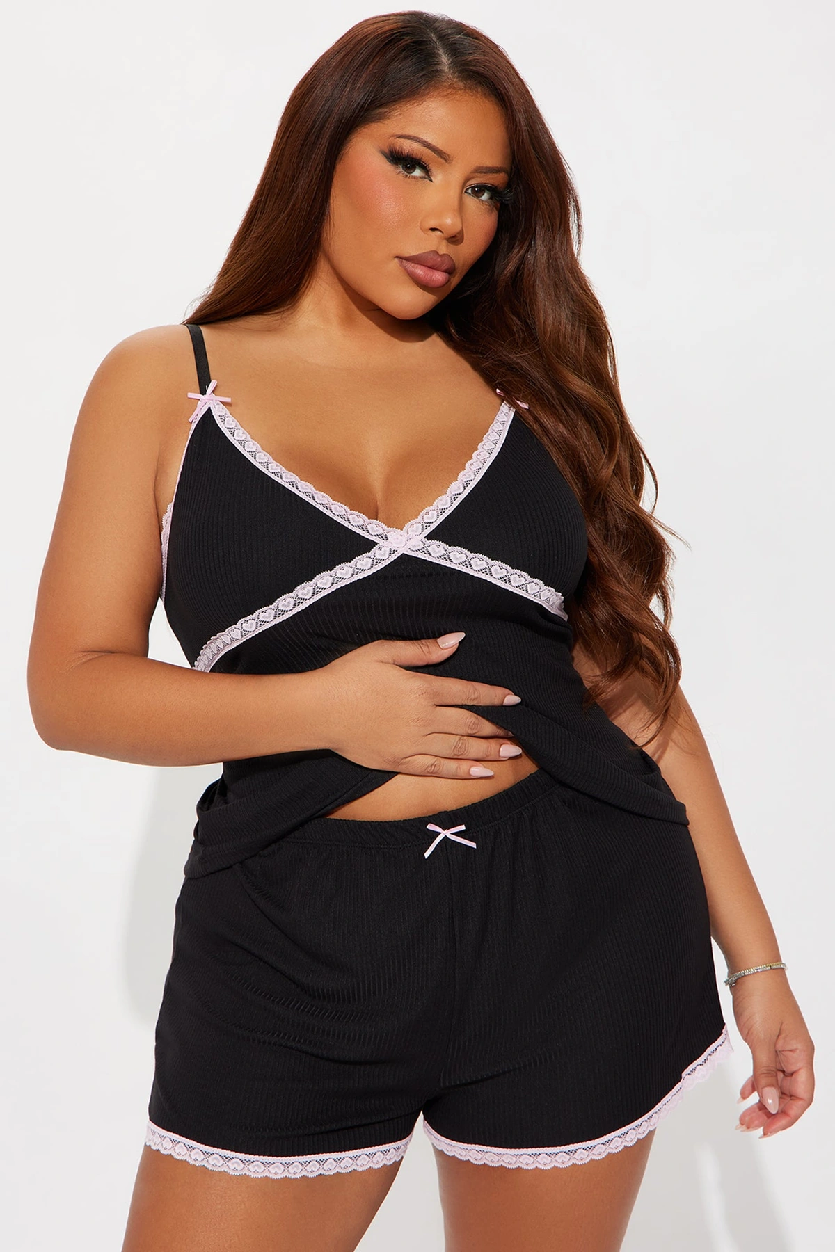 In Your Dreams Ribbed PJ Short Set - Black — Preto