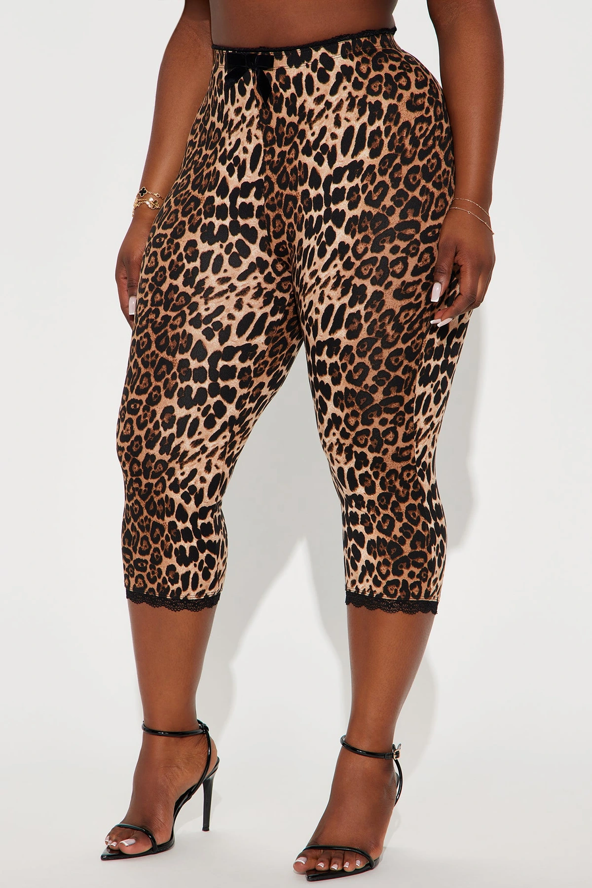 Florentina Lace Trim Capri Legging - Brown/combo — Castanho/combinação